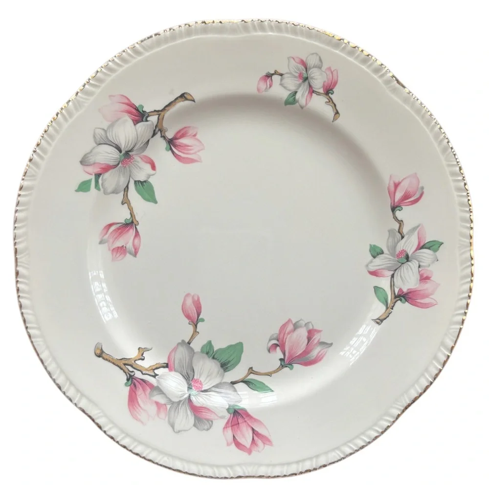 Vintage Pink Floral Plates Homer Laughlin Dogwood Gold Trim Fine China 3 Pc Set